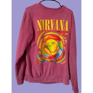 Nirvana Smile Face Sweatshirt Pink Overdyed Design on Sleeve Small Grunge Punk